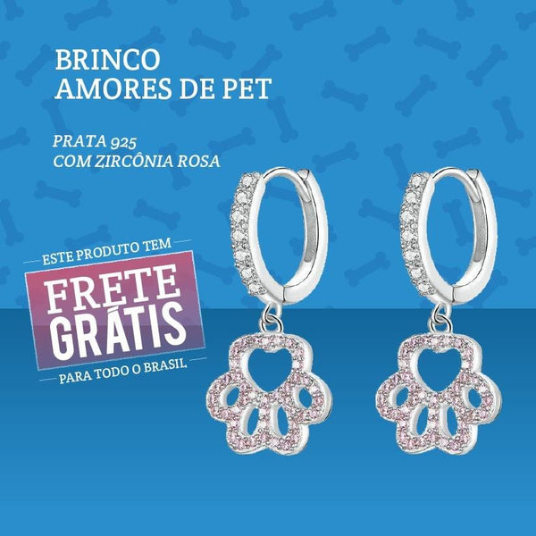 Brinco Amores de Pet, em Prata 925 com Zircônia Rosa - Amor PetShop